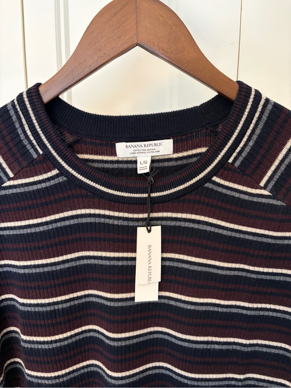 Banana Republic Merino-Men's Striped Crewneck Sweater in Navy, Burgundy & White